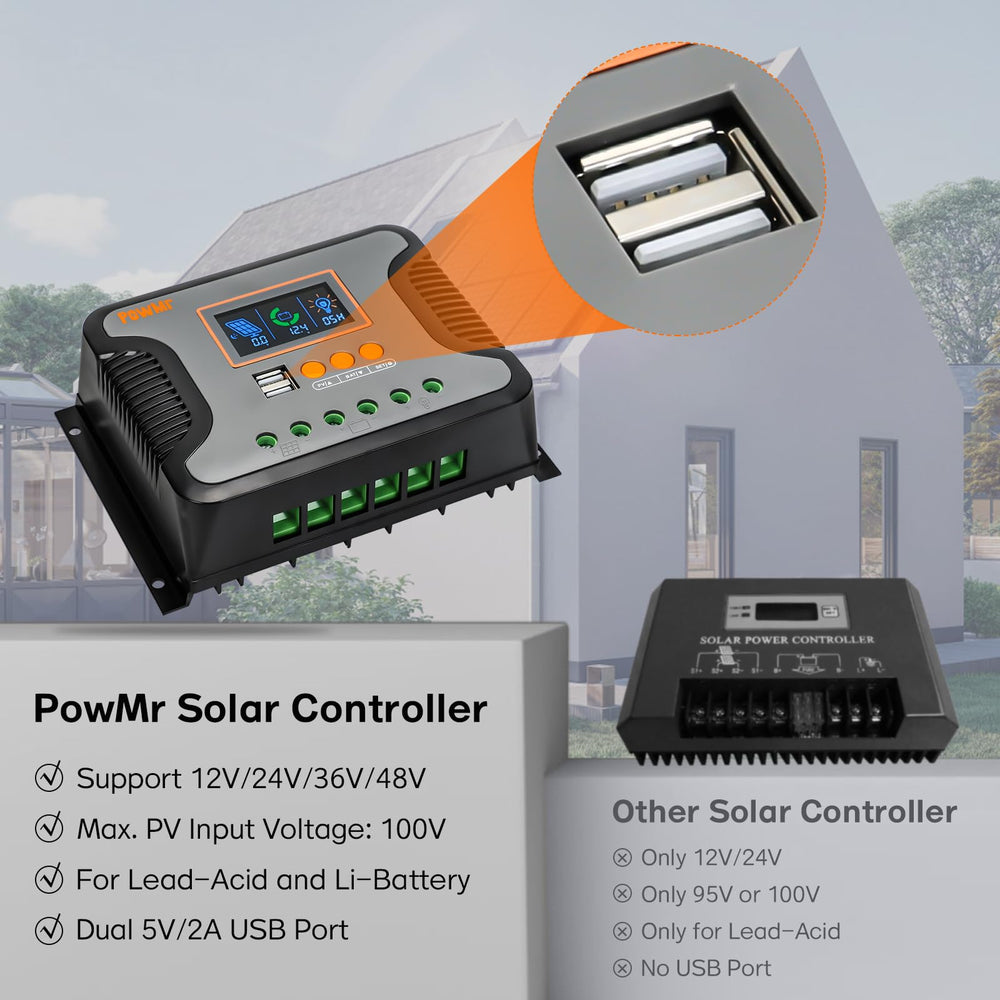 PowMr product label with specifications to confirm compatibility and ratings