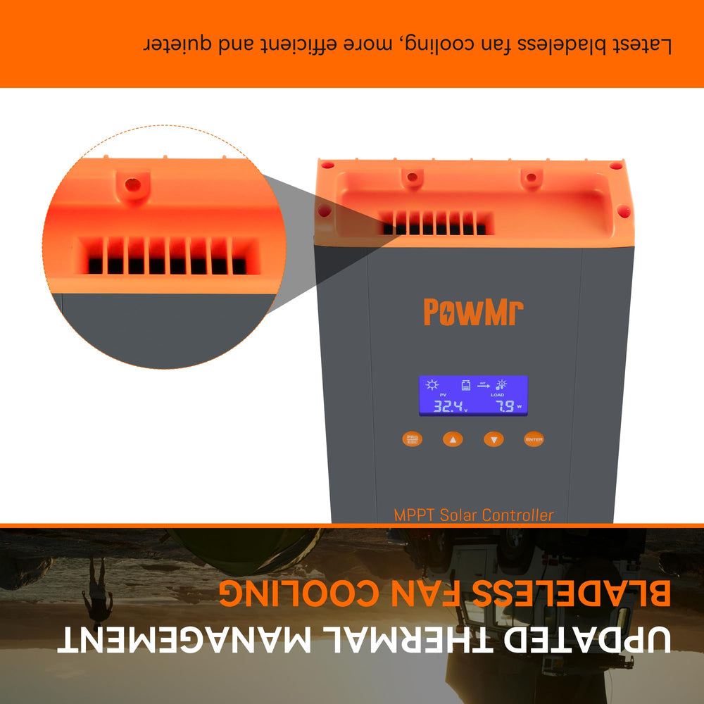 PowMr specification label closeup highlighting input limits and safety features