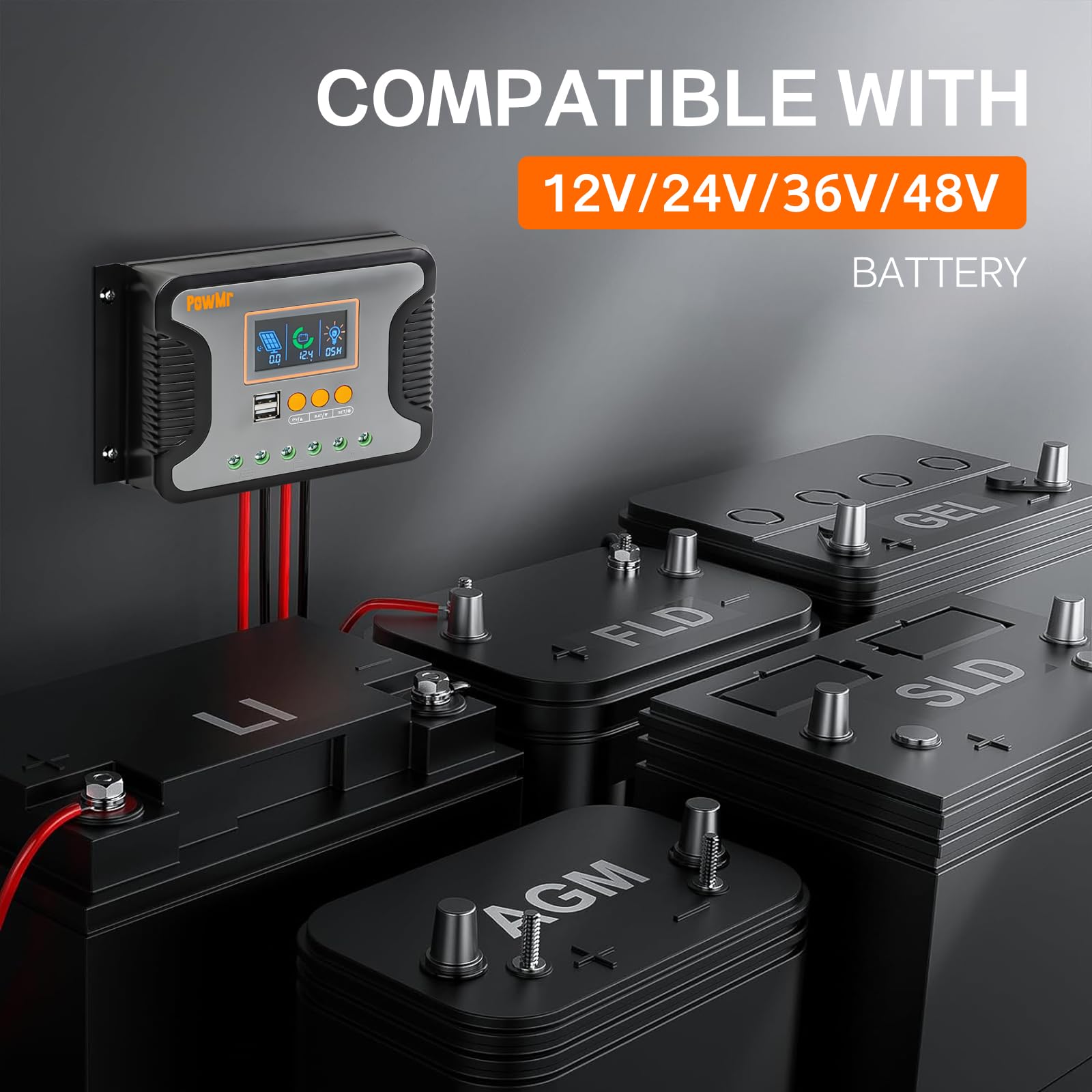 PowMr terminal block detail with cables connected for quick and safe installation
