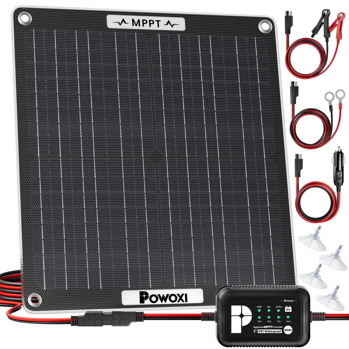 POWOXI front view of 30W ETFE solar maintainer showing compact form and labels for reliable protection