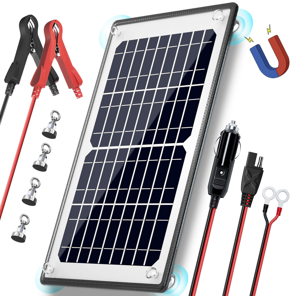 POWOXI front panel view showing compact solar maintainer and easy placement