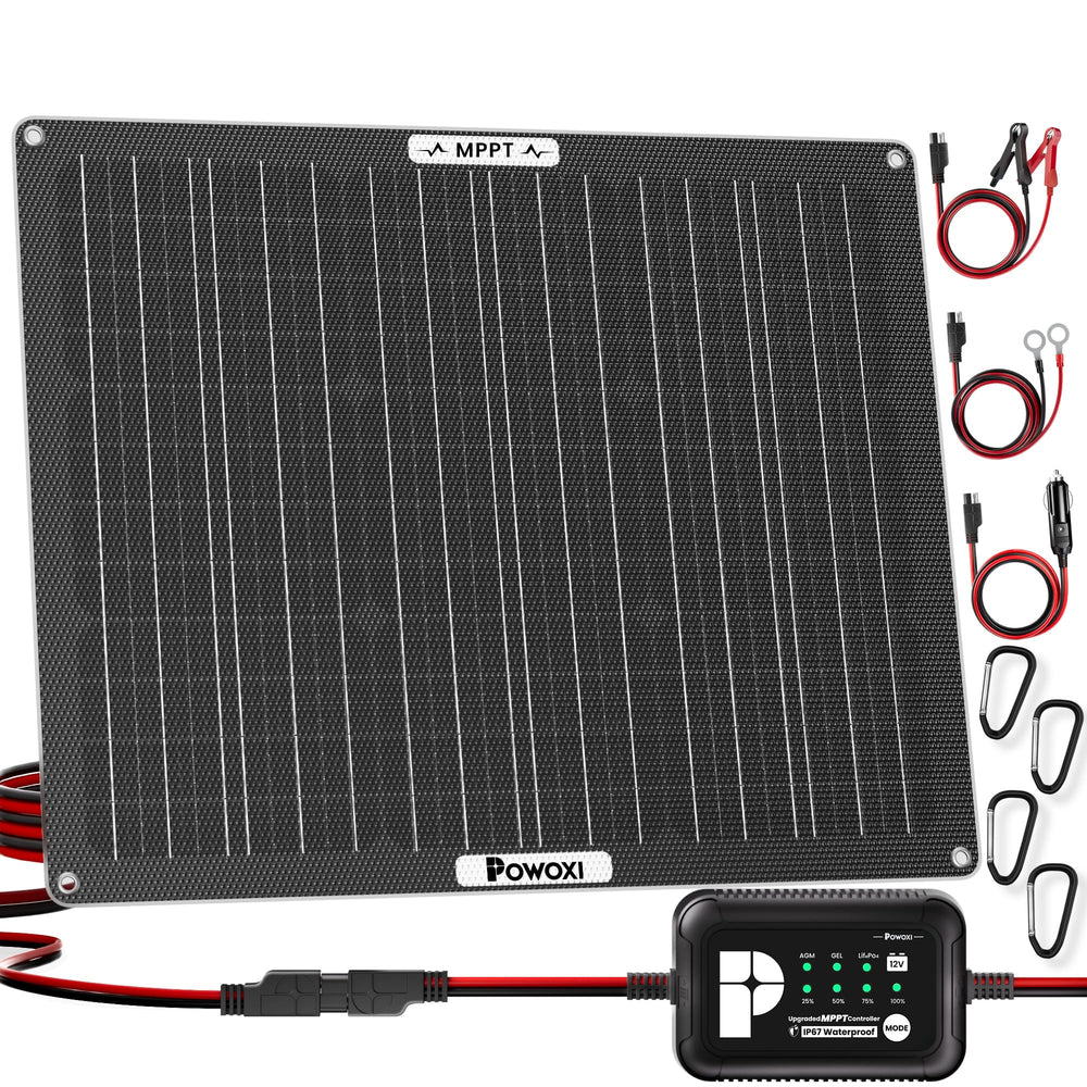 POWOXI front panel showing slim 50W ETFE design and easy install benefit