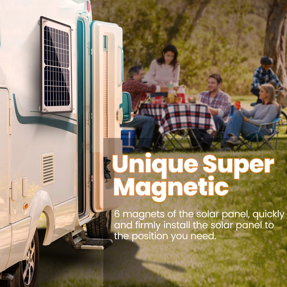 POWOXI installed on an RV roof preserving battery charge during storage