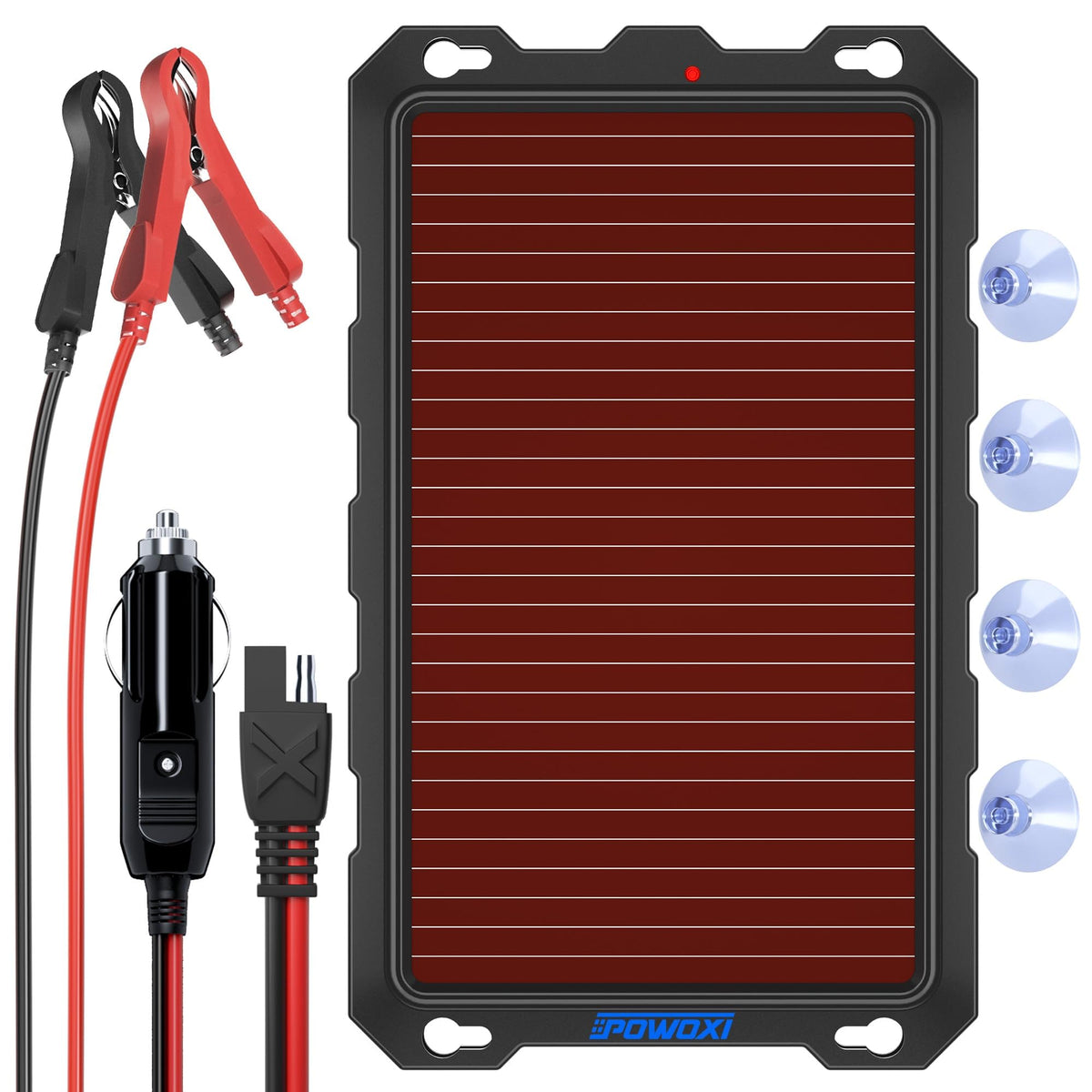 POWOXI front view solar panel showing compact portable maintainer benefit