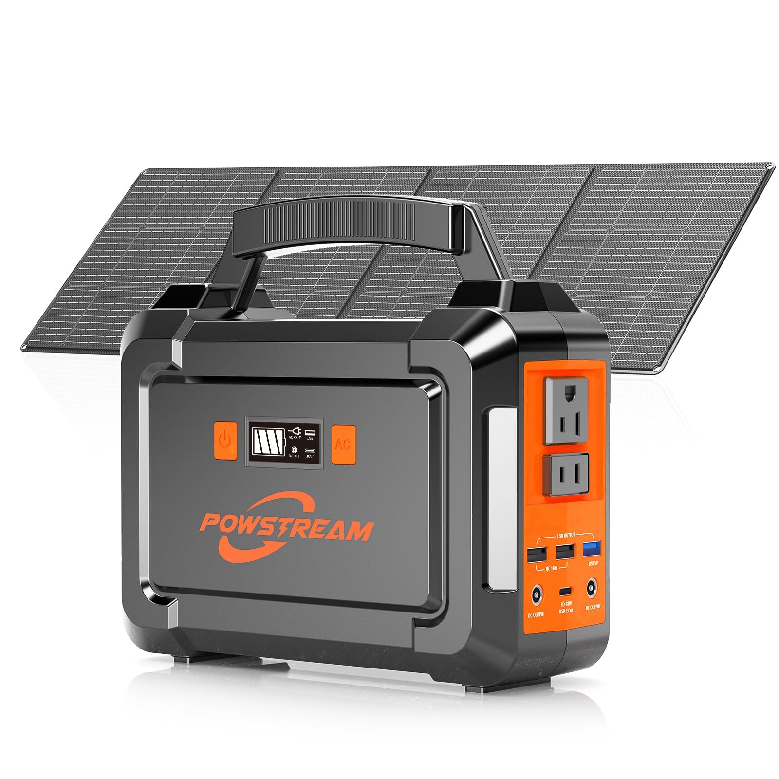 POWSTREAM front view power station showing outlets and portability benefits