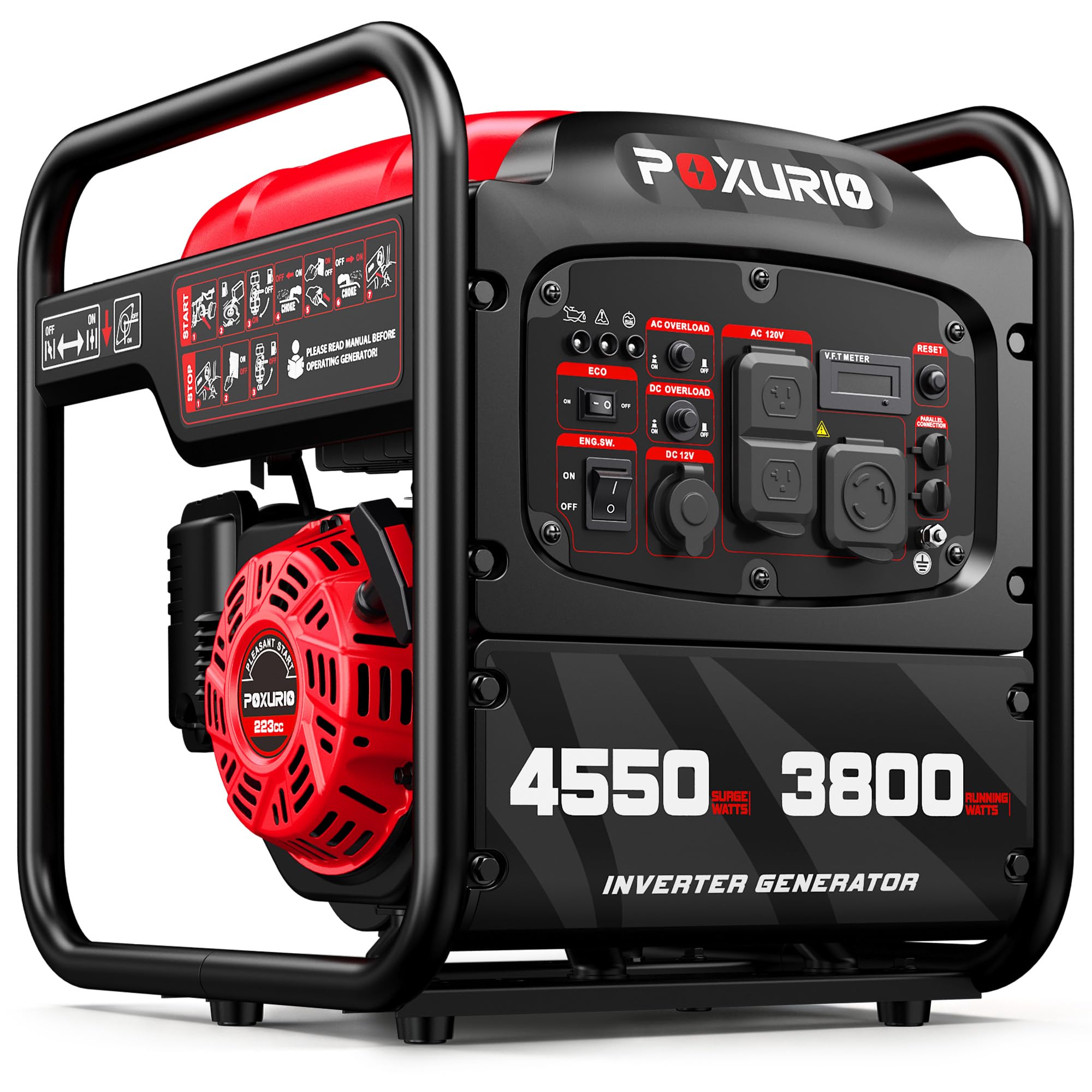 POXURIO front view open frame showing compact portable power and easy transport