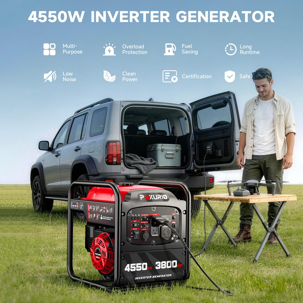 POXURIO running in backyard camping scene showing quiet backup power benefit