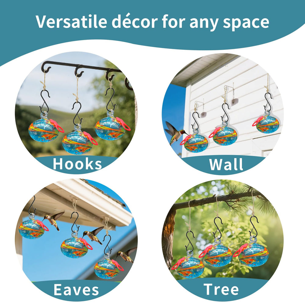 Pozfun feeders hung in a garden setting among flowers, demonstrates attraction and outdoor display