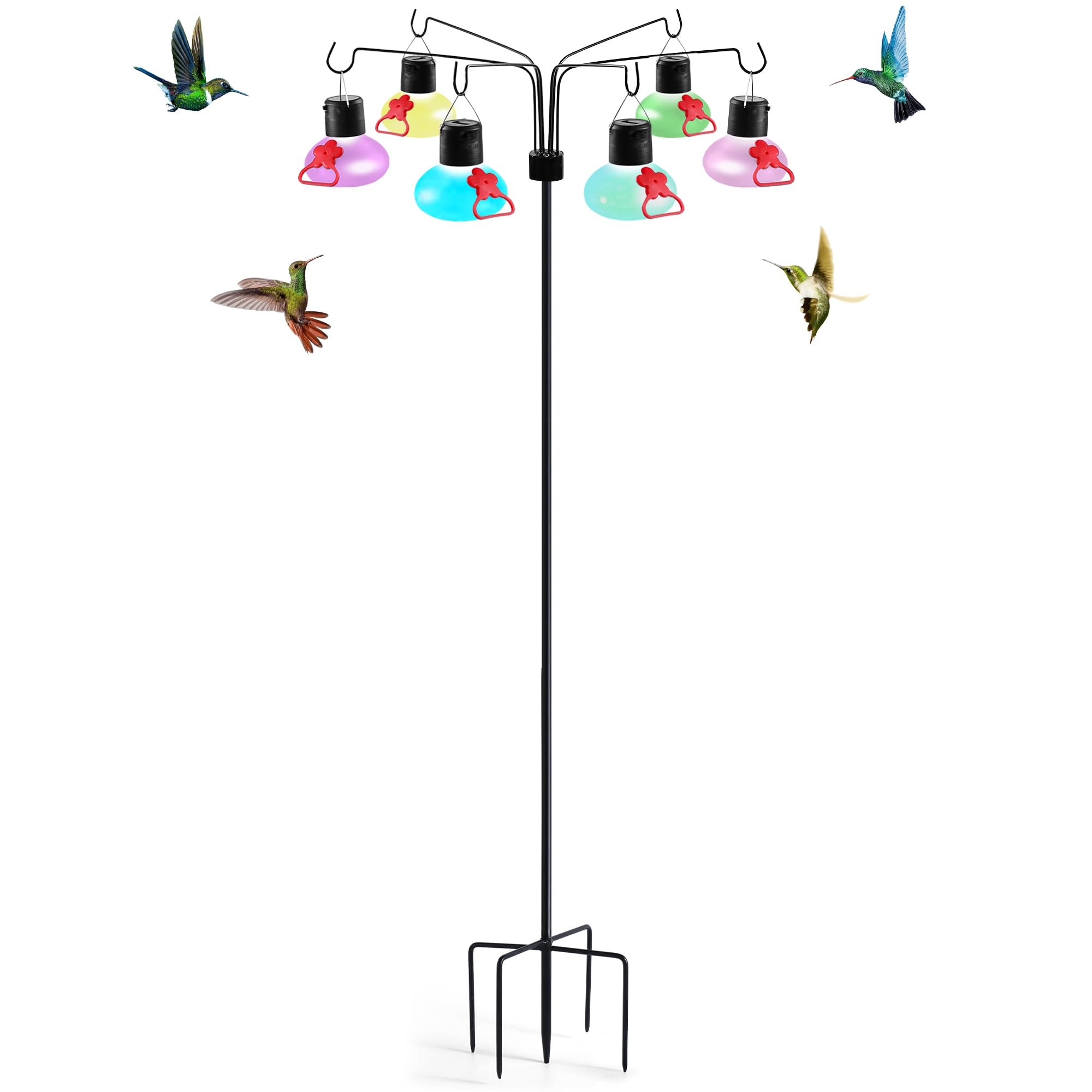 Pozfun front view showing six assembled feeders and packaging, highlights convenience