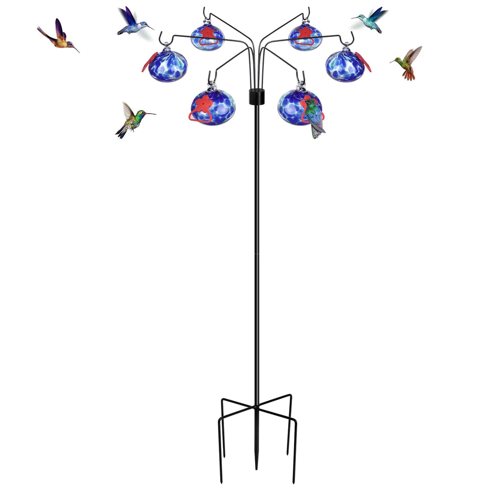 Pozfun front view showing six dotted-blue glass feeders and stand, attracts hummingbirds