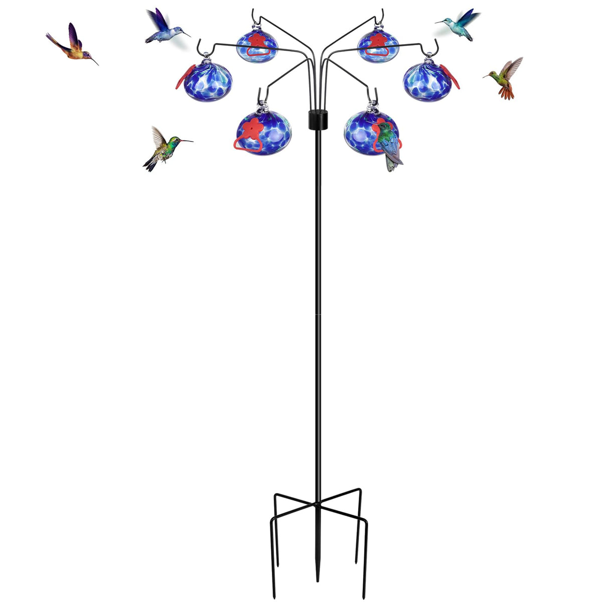 Pozfun front view showing six dotted-blue glass feeders and stand, attracts hummingbirds
