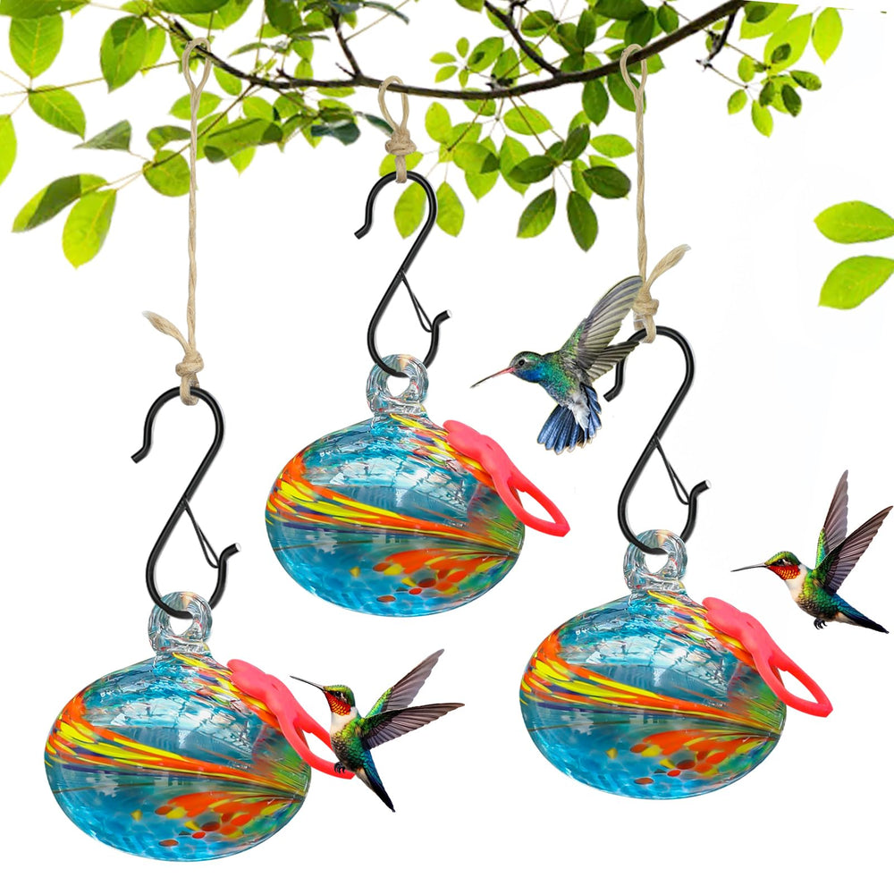 Pozfun front view of three hanging feeders showing bright colors and multiple feeding ports, invites birds