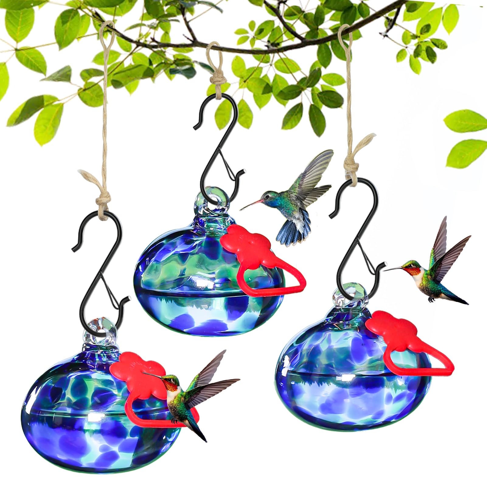 Pozfun front view of three hanging feeders showing colorful nectar stations and garden appeal