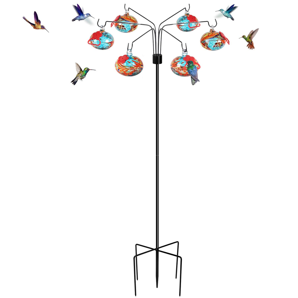 Pozfun phoenix tail blue front view showing colorful feeders and garden benefit