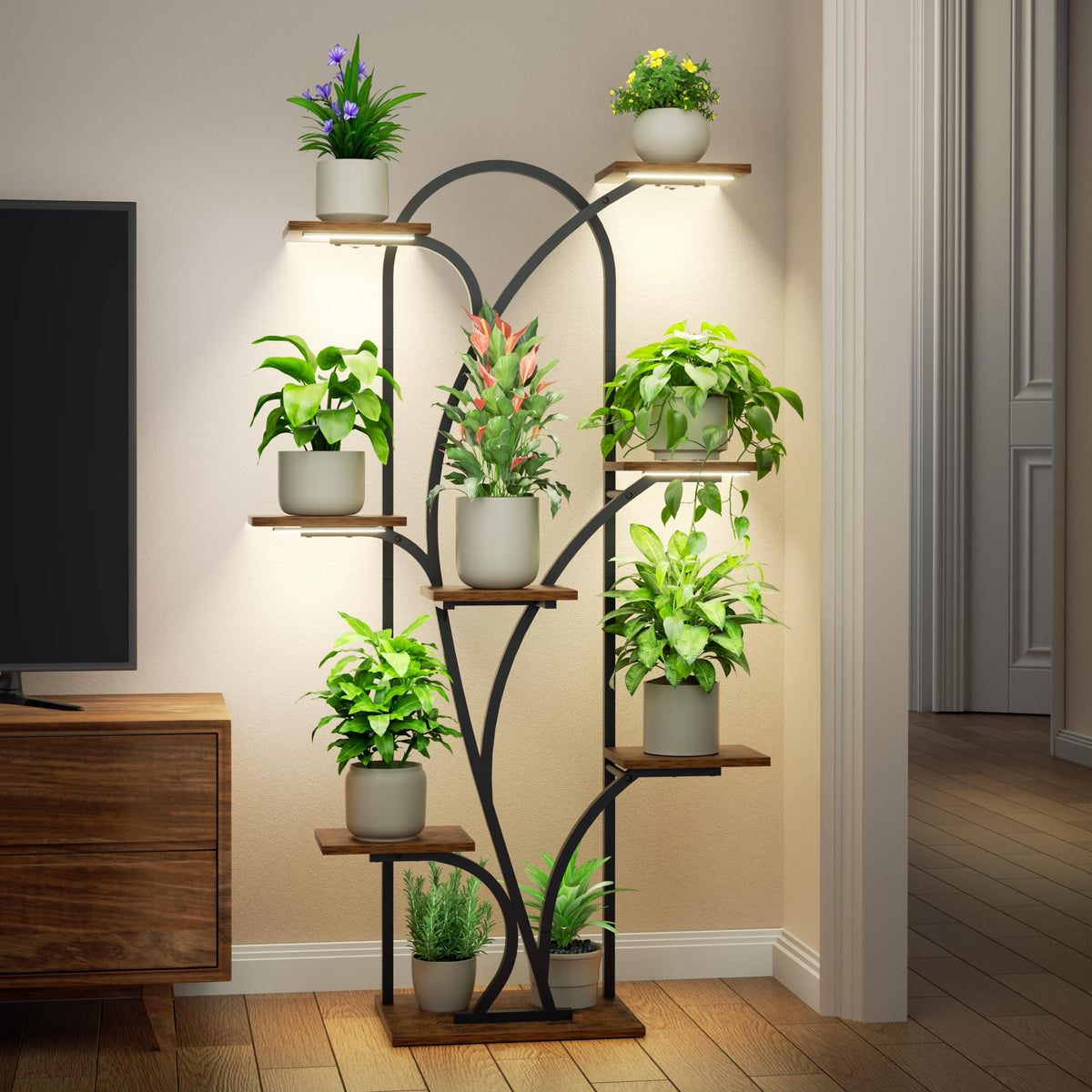 POZILAN front view corner plant stand showing vertical display and space saving benefit