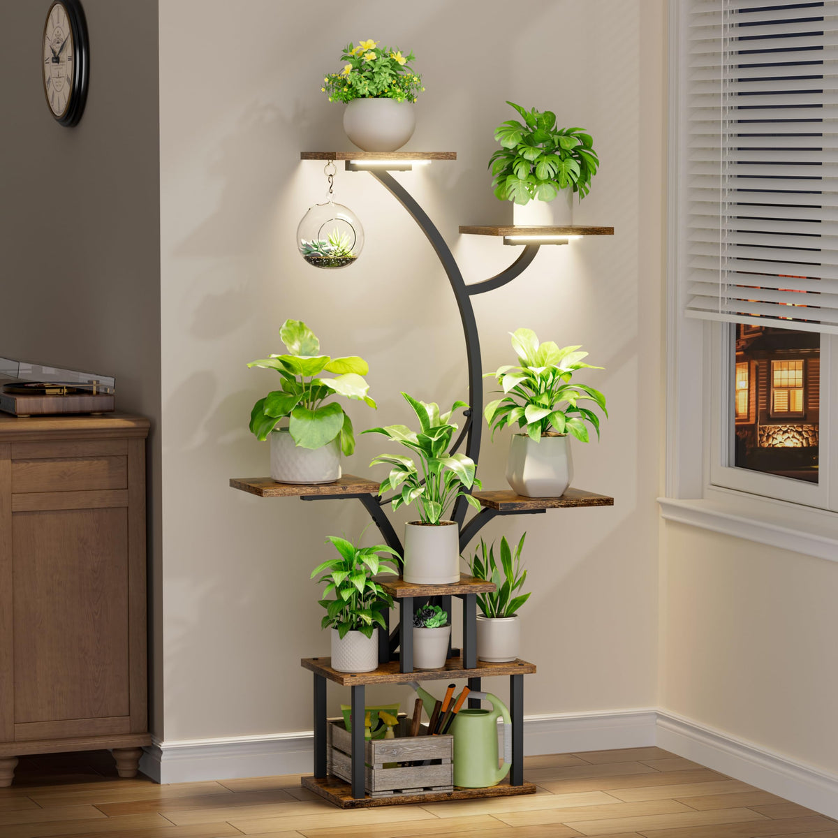 POZILAN front view showing all seven shelves and neat plant display benefit organization