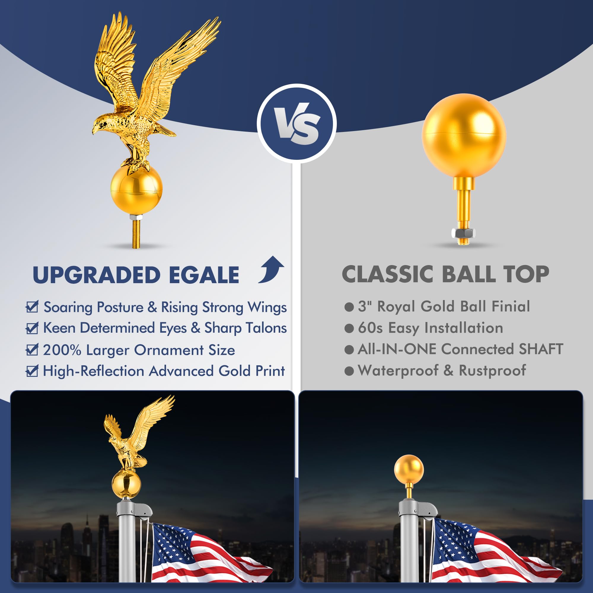 PPQ eagle finial installed on pole showing improved flag display