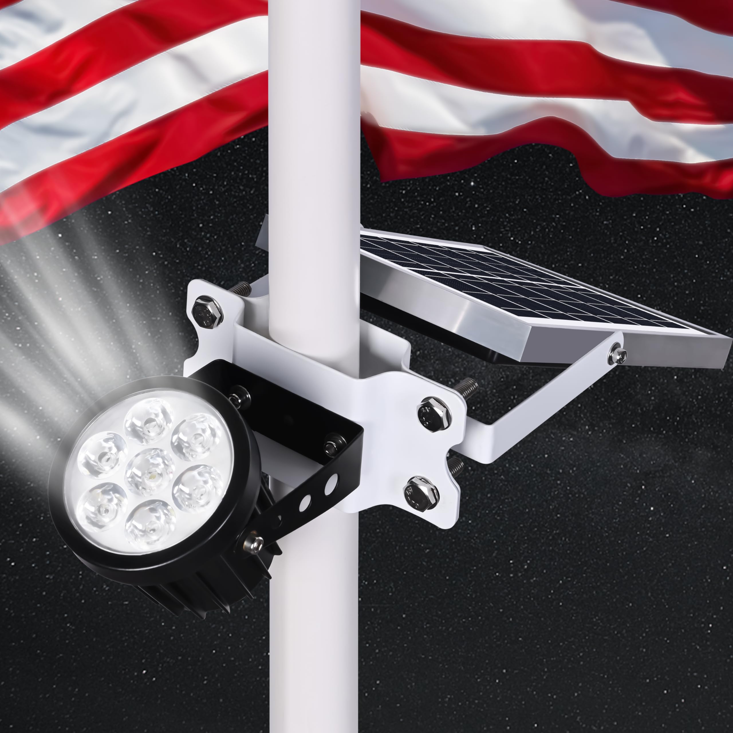 PPQ flag pole light front view showing compact weatherproof housing and even beam