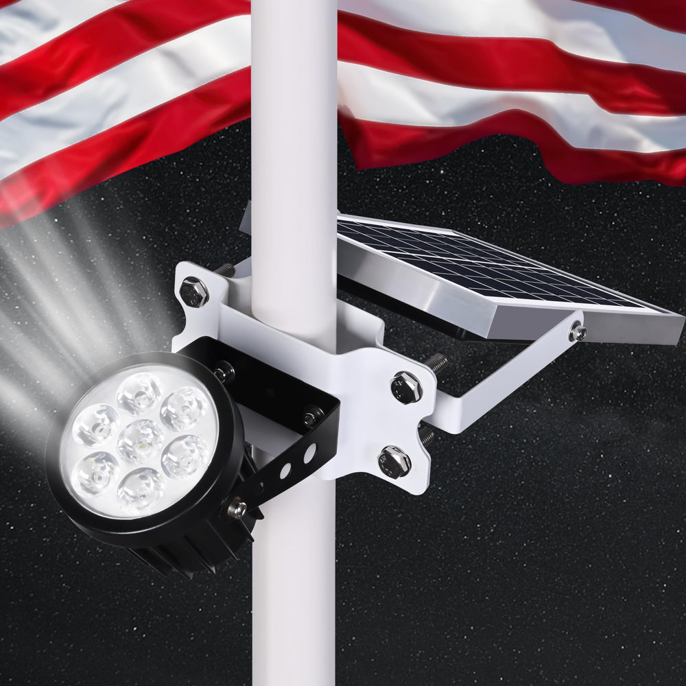 PPQ flag pole light front view showing compact weatherproof housing and even beam