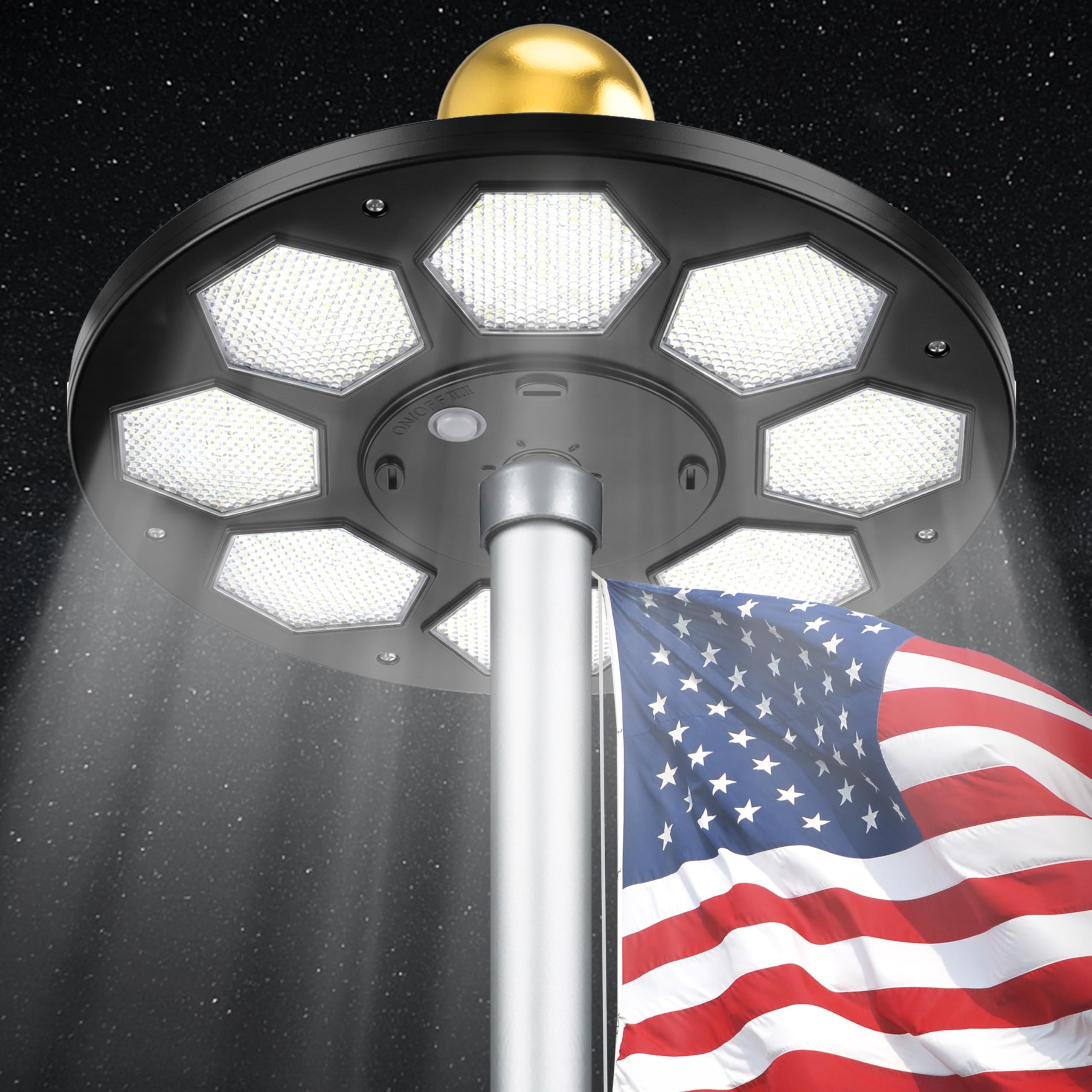 PPQ front view of the solar flag pole light showing sleek housing and LEDs for reliable illumination