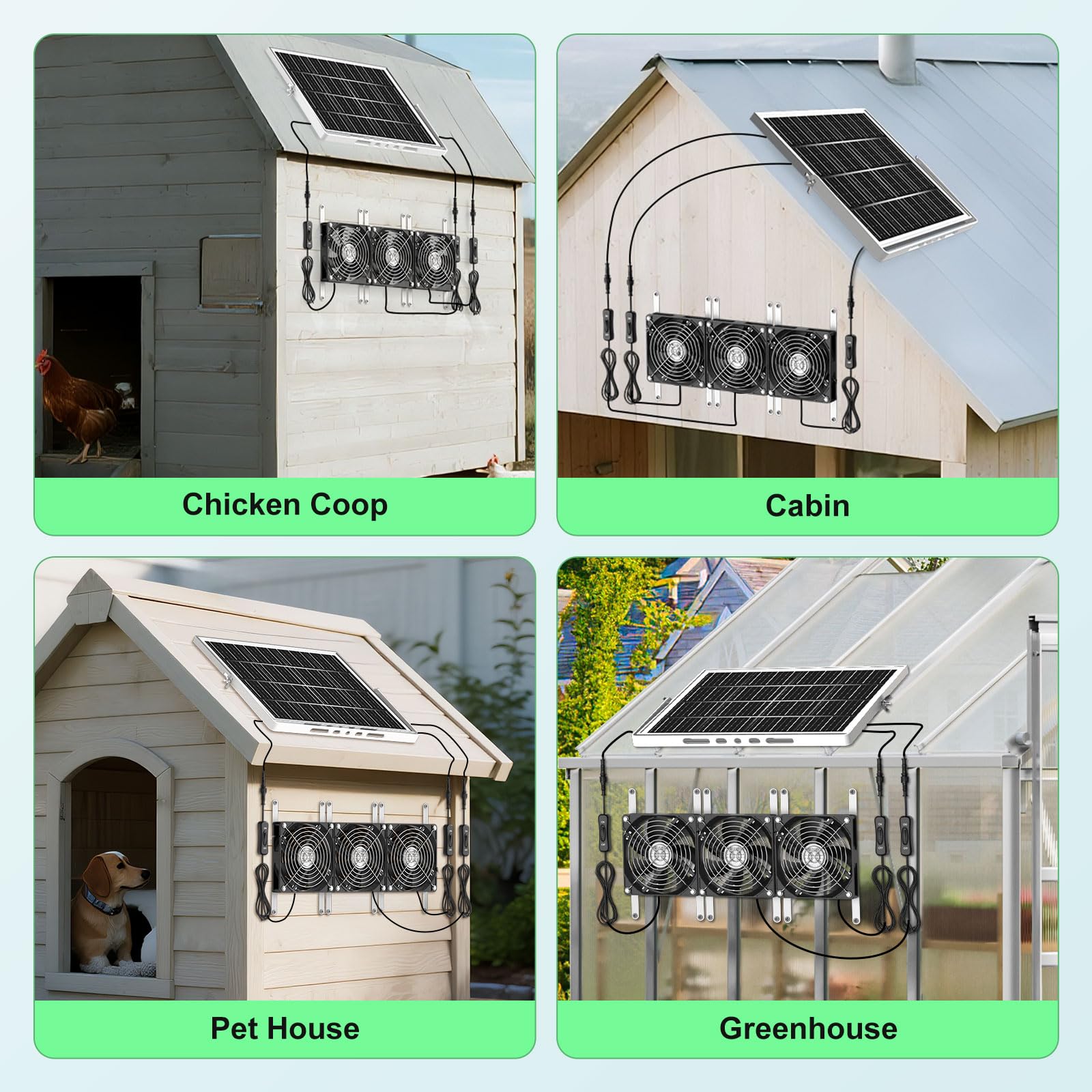 pqins fan mounted on a chicken coop providing steady daytime airflow benefit