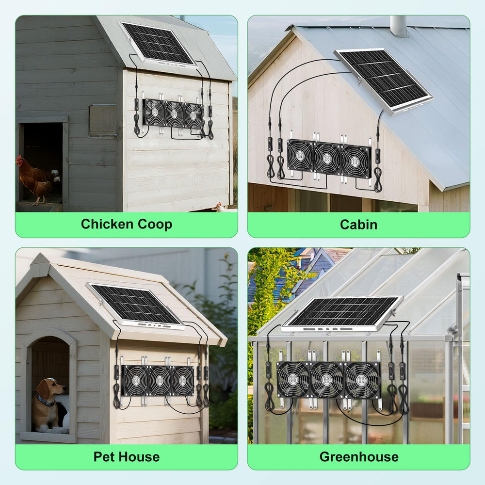 pqins fan mounted on a chicken coop providing steady daytime airflow benefit
