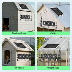 pqins fan mounted on a chicken coop providing steady daytime airflow benefit