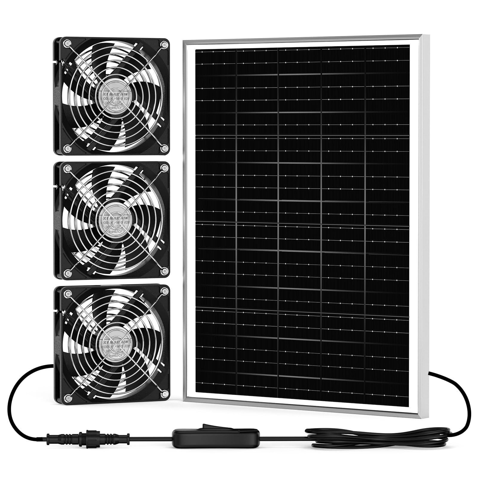 pqins front view showing three fans and solar panel for powerful ventilation