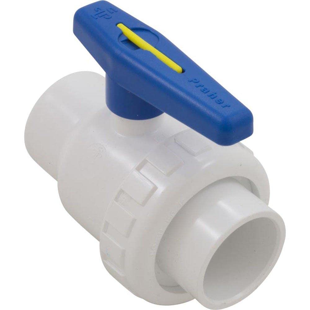 Praher Plastics front view of 1.5-inch PVC ball valve showing full profile and benefits