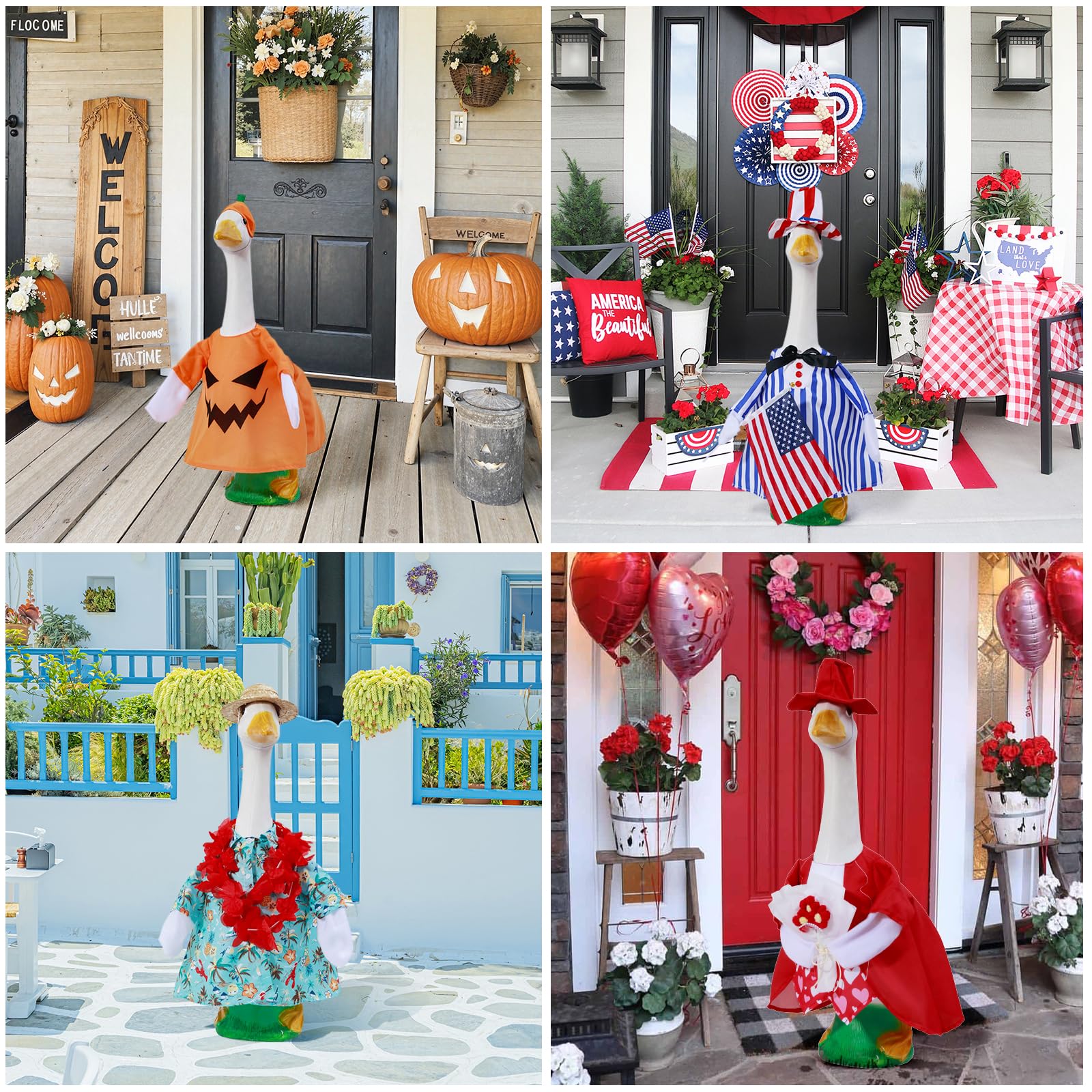 PRALENA Christmas costume fitted on porch goose statue giving holiday charm benefit