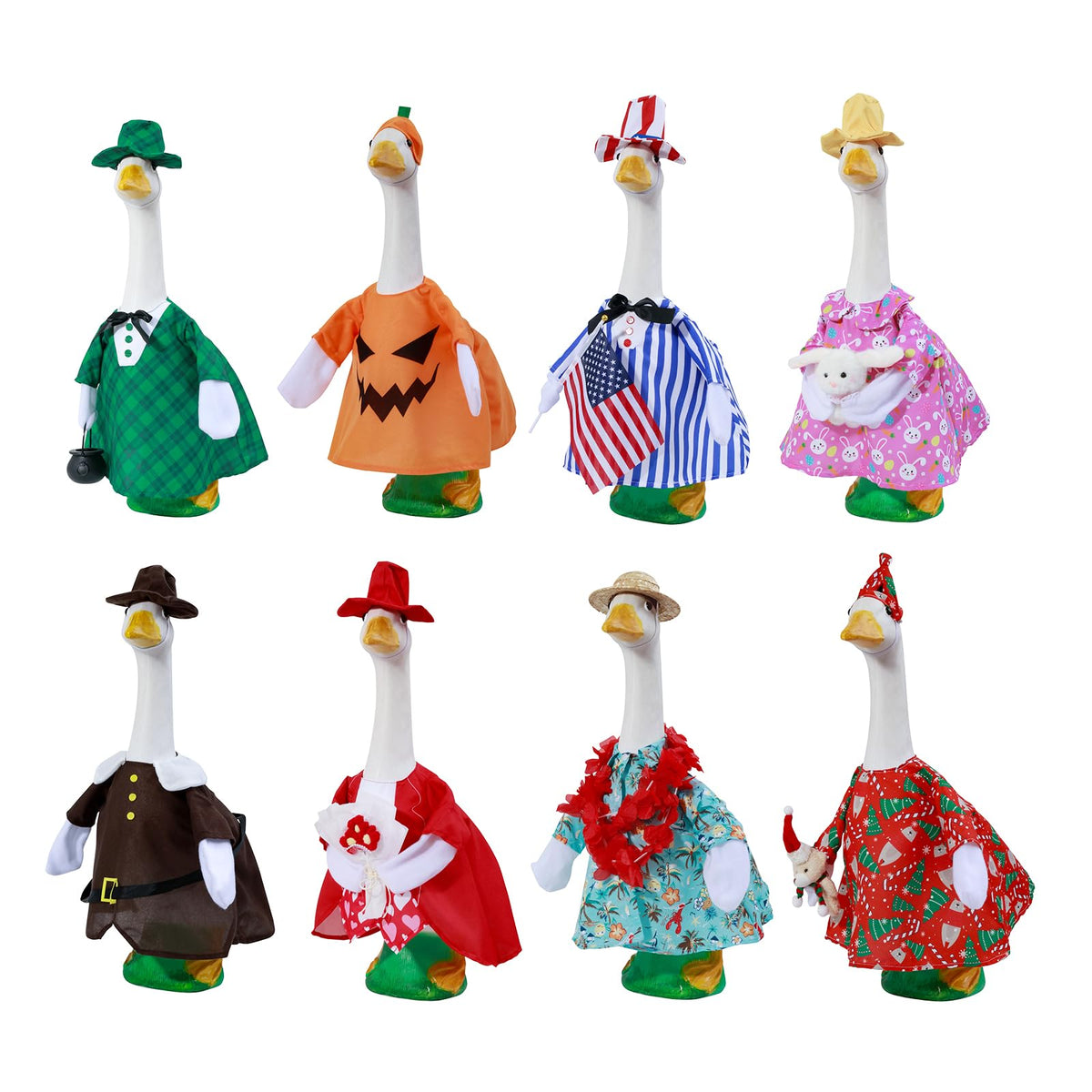 PRALENA front packaging showing all eight seasonal goose outfits, easy storage benefit