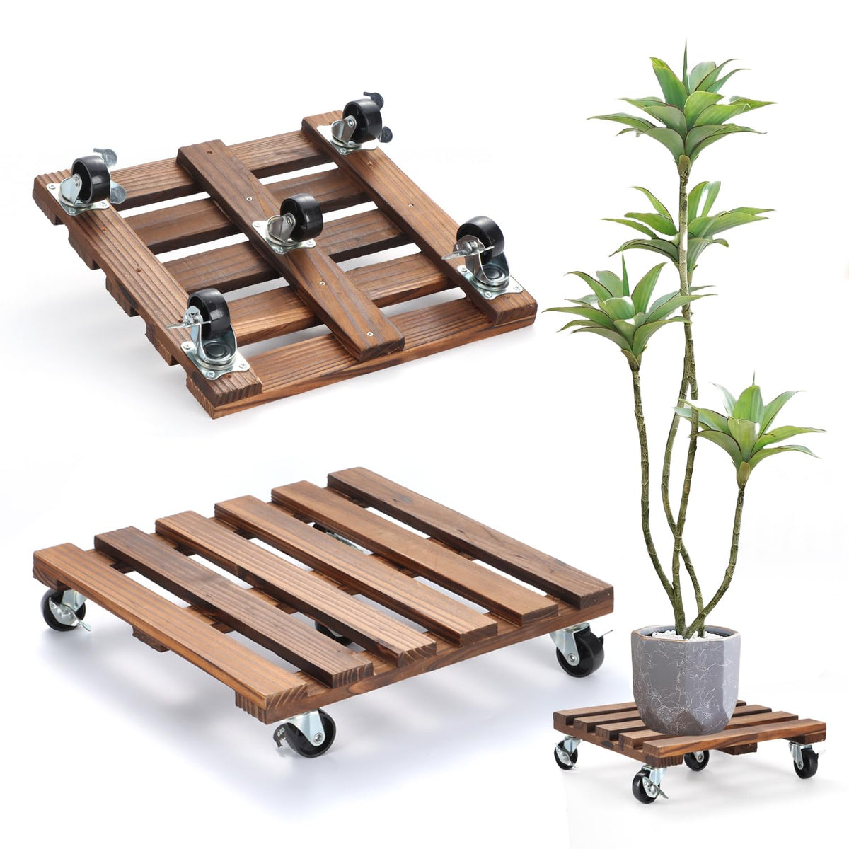 PRAQECZ front view of two 14-inch rolling plant stands showing ready-to-use benefit