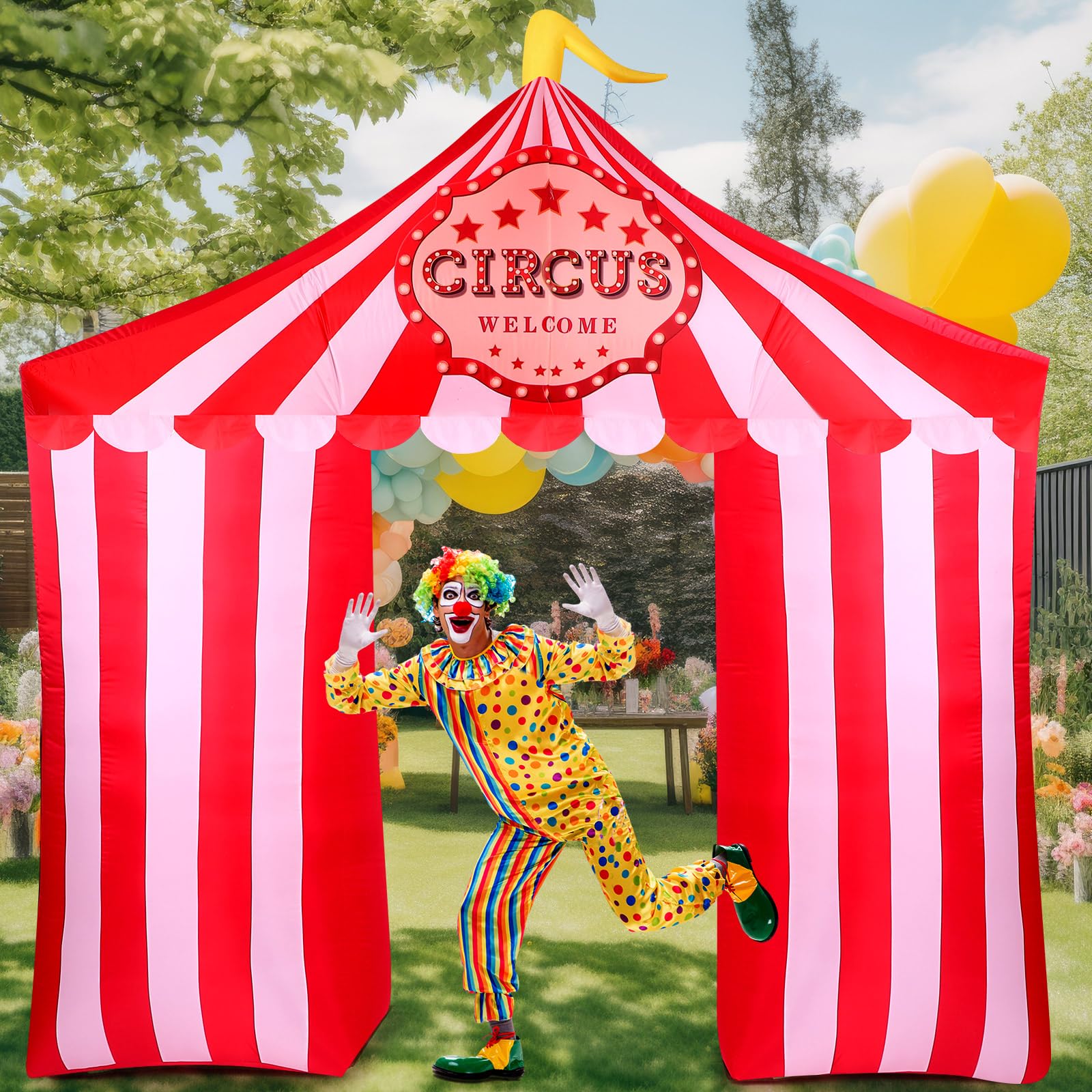 Preboun front view of circus archway showing bold red white colors and instant welcome