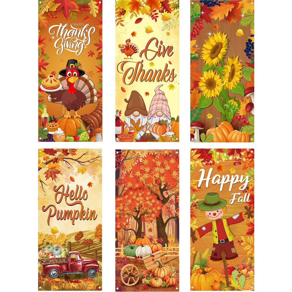 Preboun front-facing happy fall banner showing full door coverage and festive curb appeal