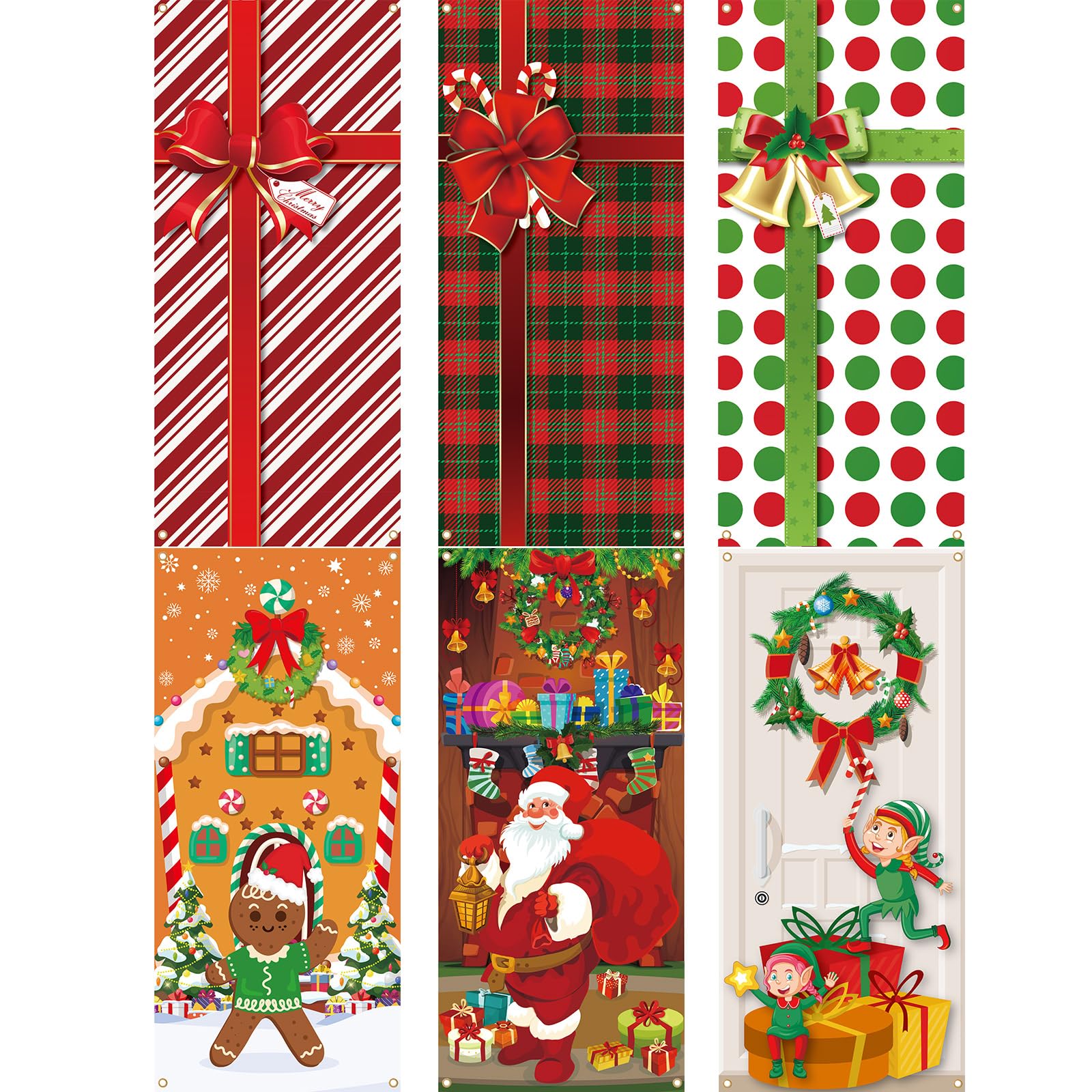 Preboun front display of six holiday door covers showing colourful designs and easy coverage