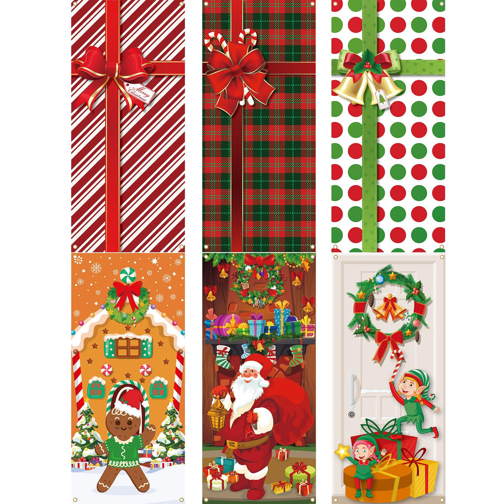 Preboun front display of six holiday door covers showing colourful designs and easy coverage