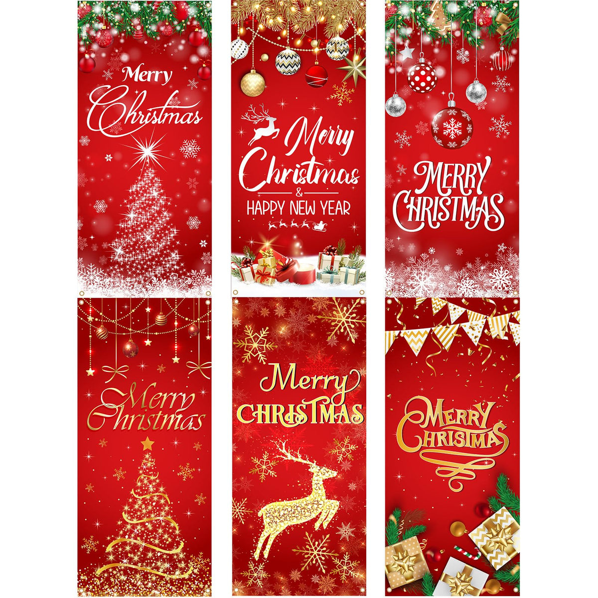 Preboun front view of six festive door covers showing coordinated holiday designs and instant impact