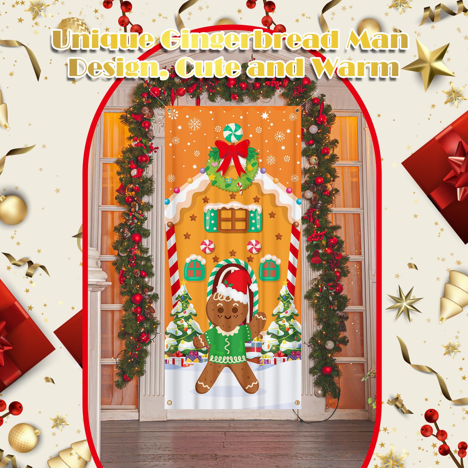 Preboun door covers used in a living room party setting creating coordinated holiday décor