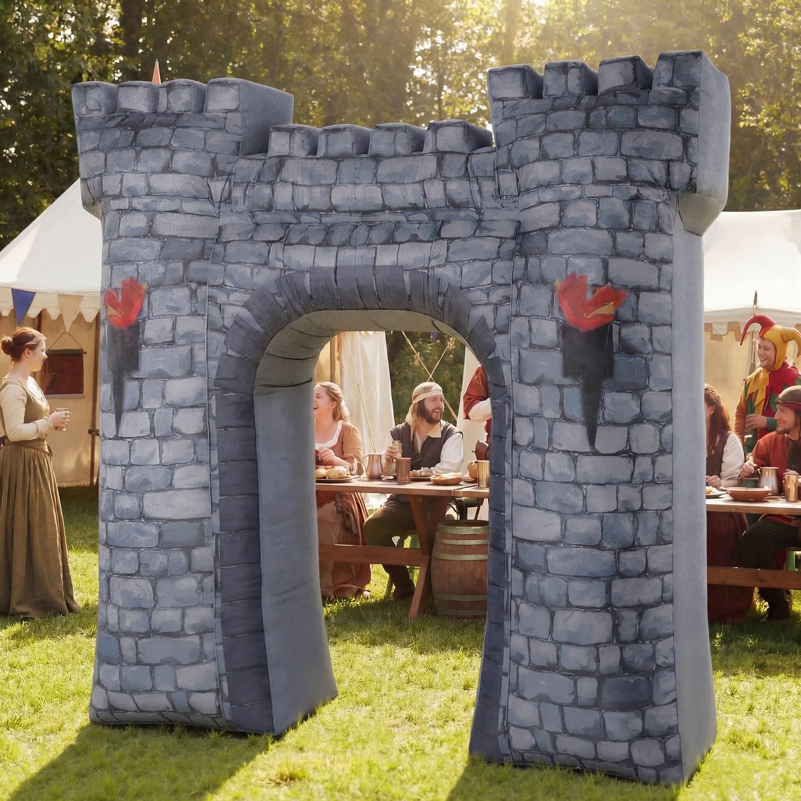 Preboun arch beside adults shows 8ft scale and visual impact