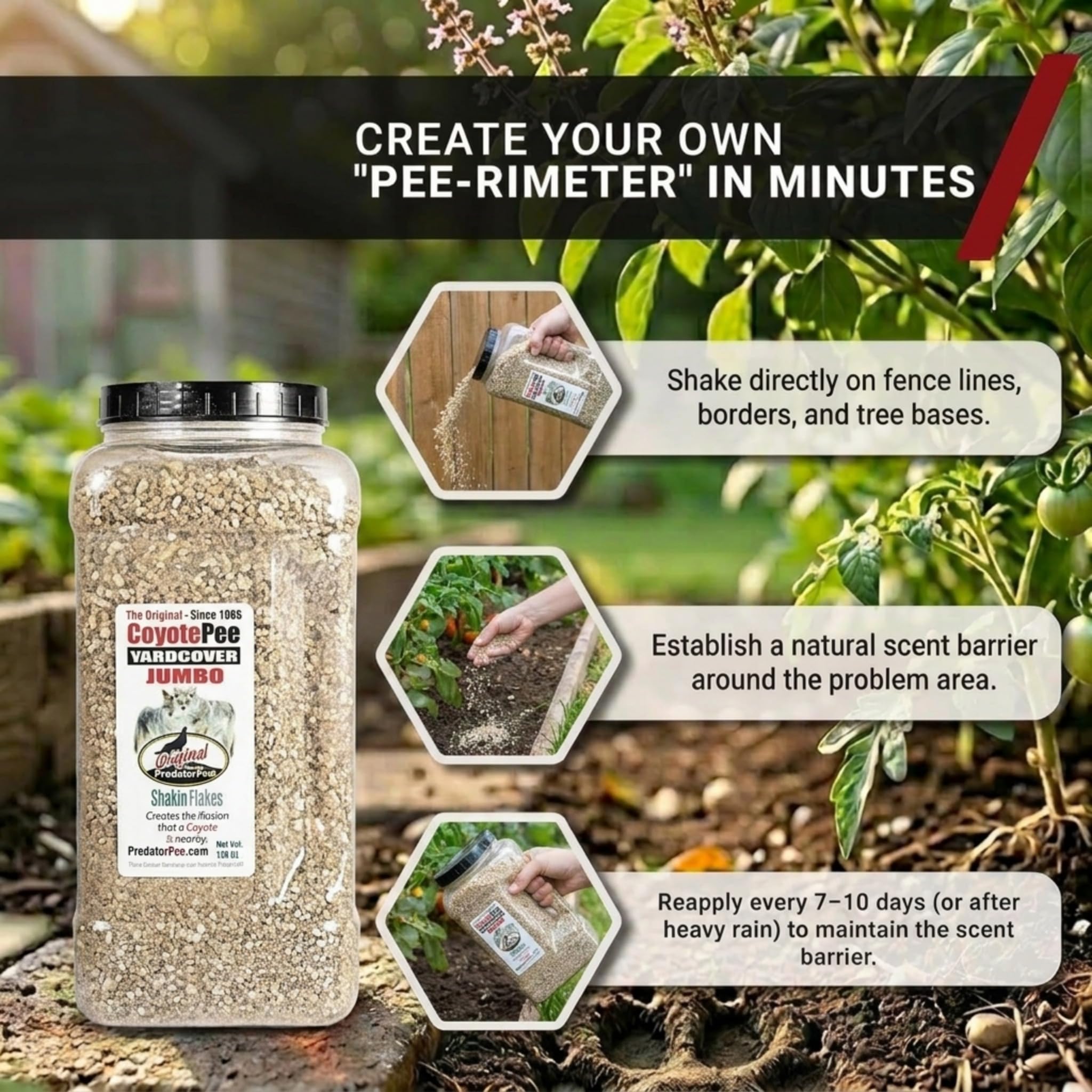 PredatorPee granules being shaken along a garden edge preventing plant damage