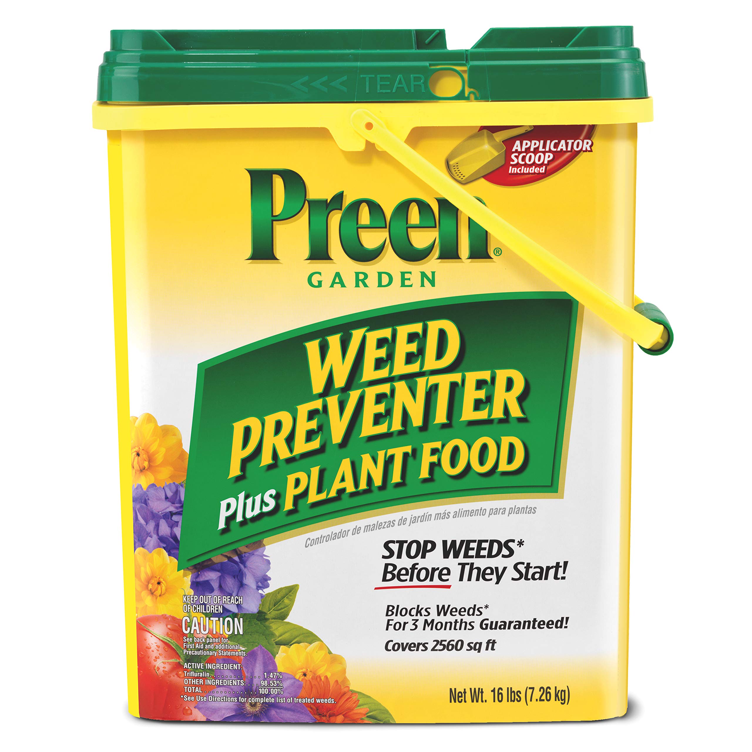 Preen drum front label showing product name and coverage benefit