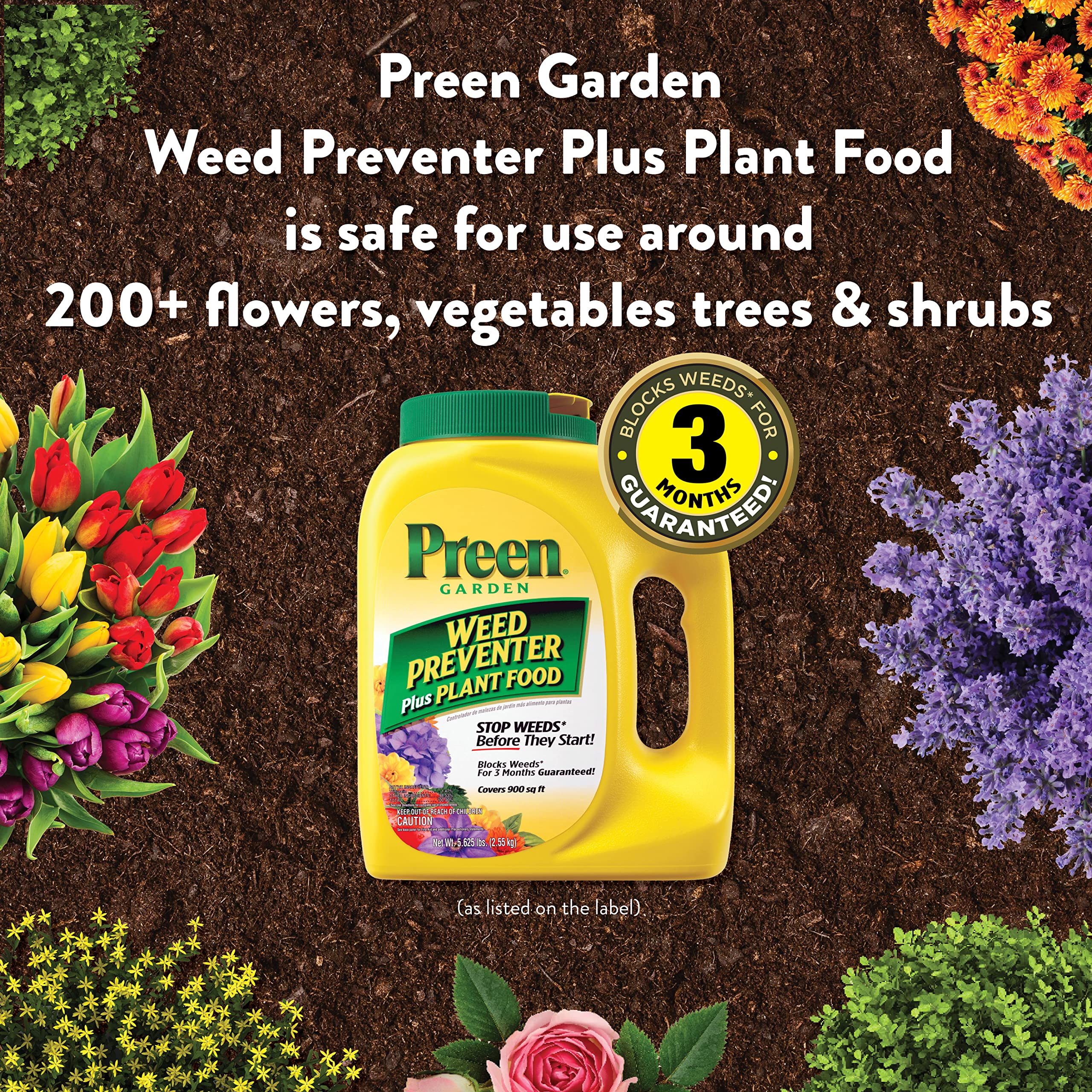 Preen label close-up noting compatibility with many plants