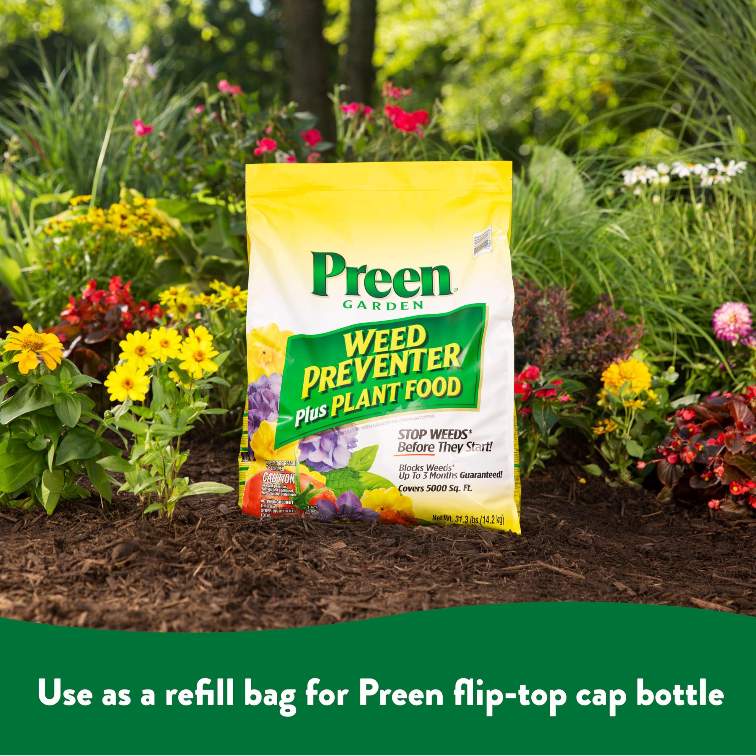 Preen bag beside garden rake showing real-world size and storage