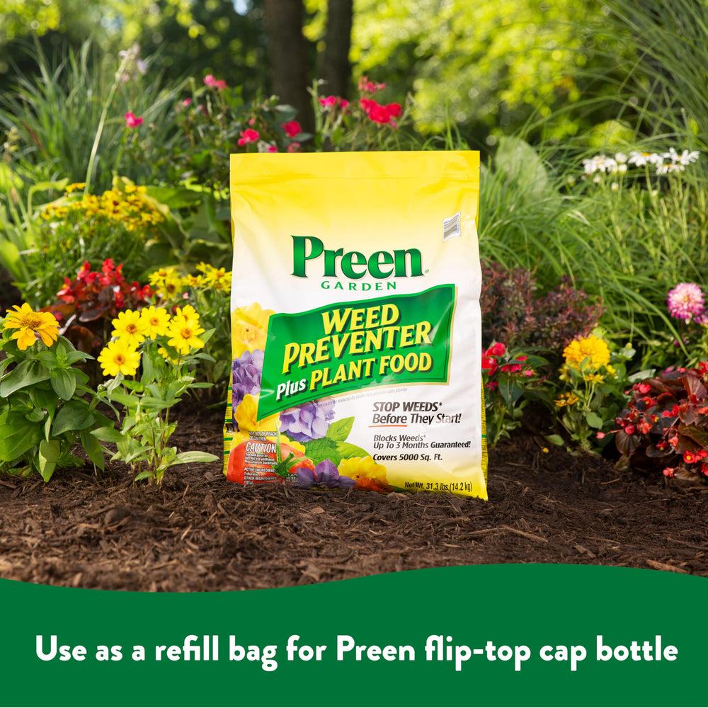 Preen bag beside garden rake showing real-world size and storage