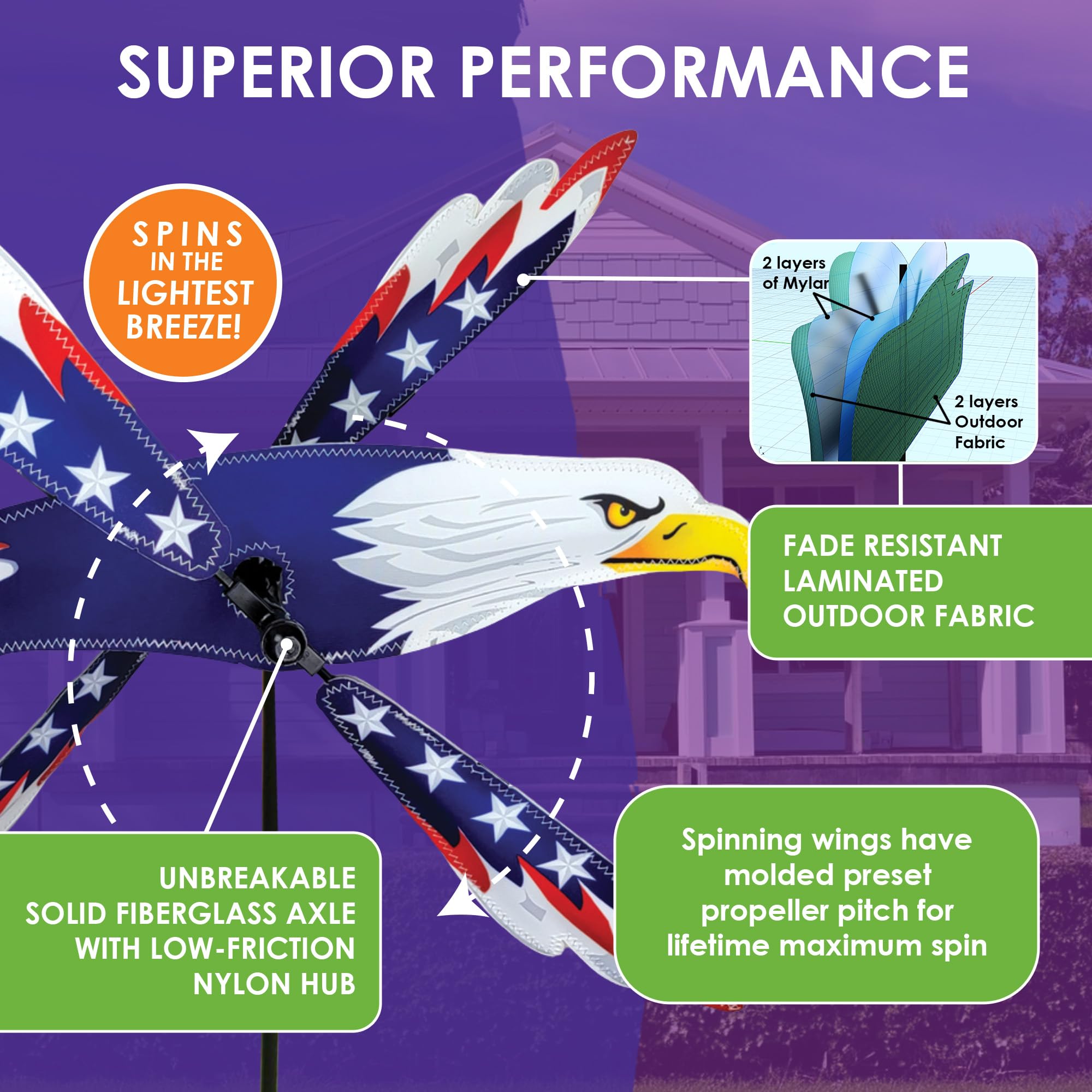 Premier Kites eagle spinner hung on patio hook adding decorative outdoor charm