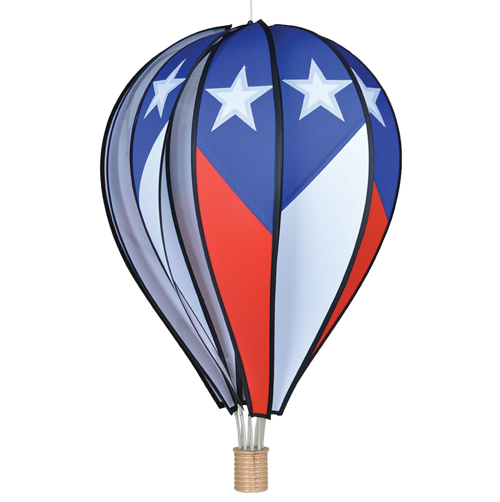 Premier Kites front view of patriotic hot air balloon spinner showing vibrant colors and motion