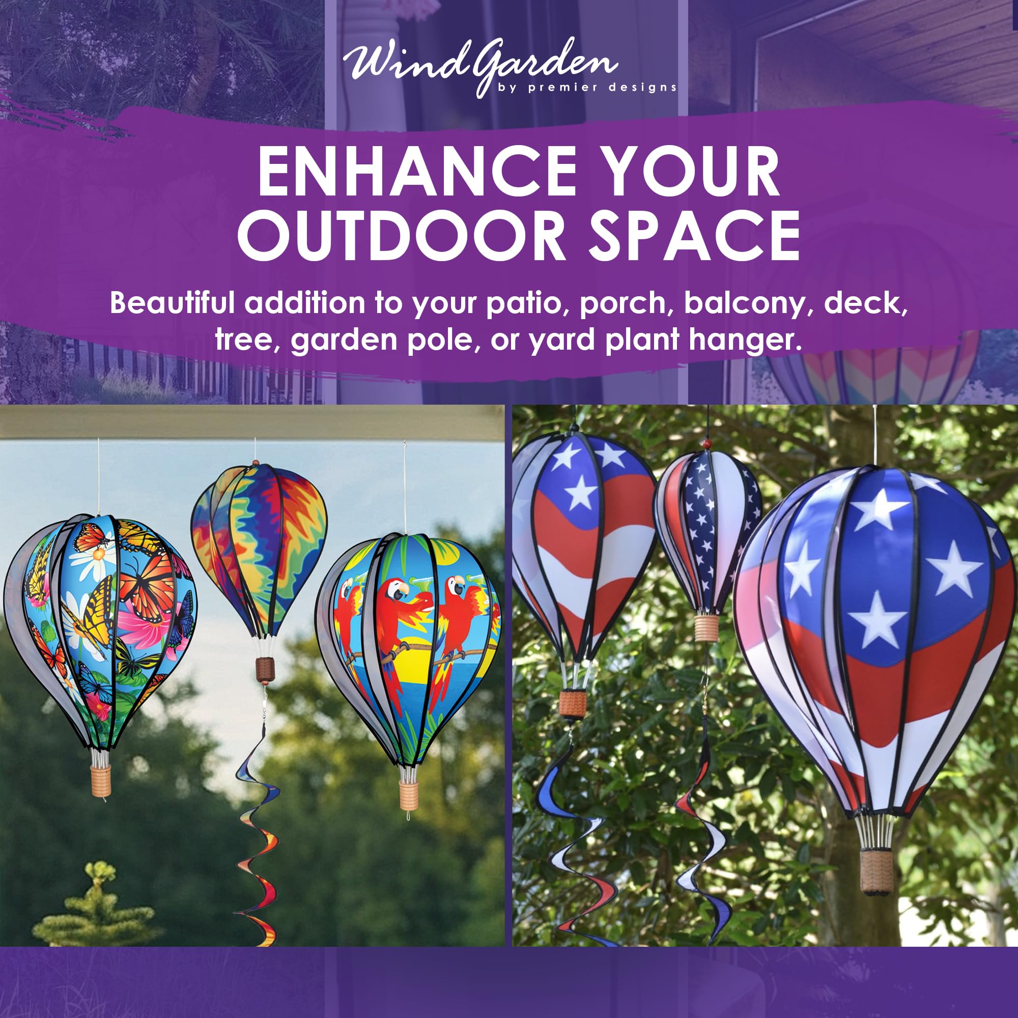 Premier Kites hanging on porch rail in garden adding patriotic flair and visual interest