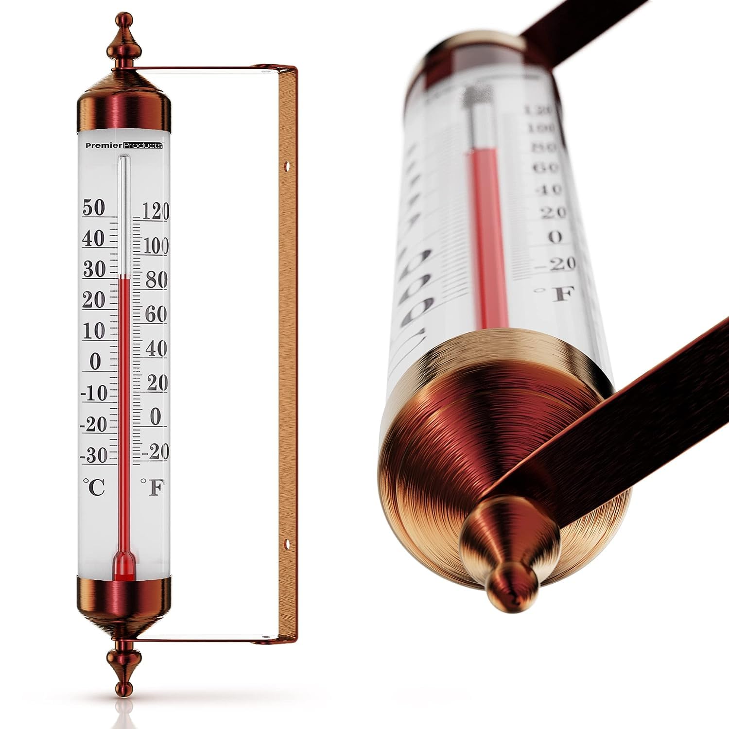 Premier Products thermometer front view showing large readable dial and decorative finish benefits clear readings