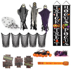 Premium Innovations box of 50-piece Halloween decorations showing all included items