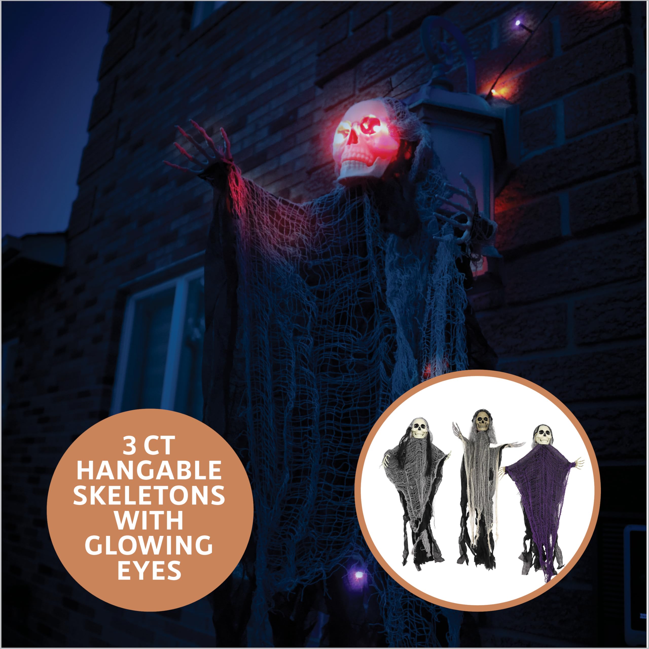 Premium Innovations hanging skeleton ghost close-up with adjustable arms and realistic robes